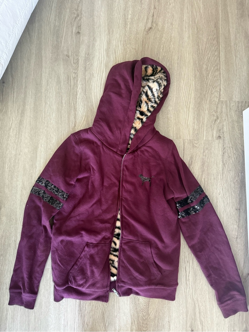PINK Victoria's Secret Maroon Hooded Jacket with Leopard Lining